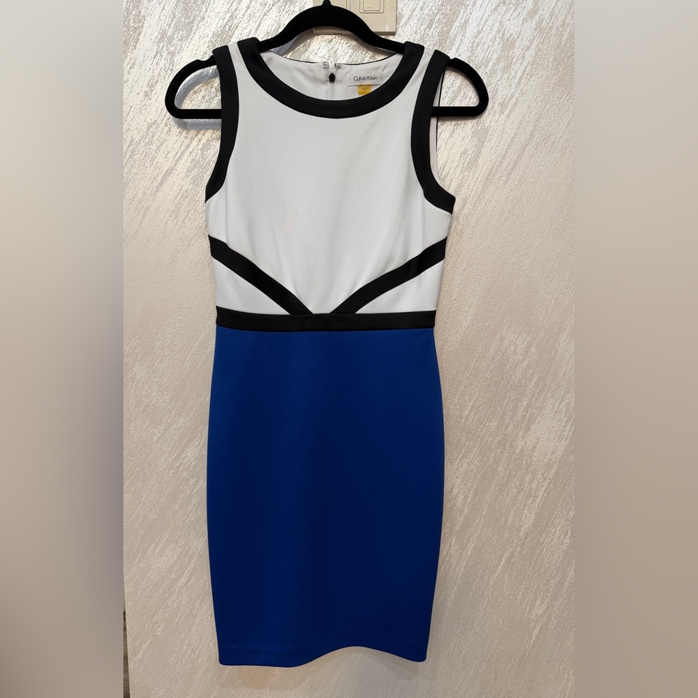 Calvin Klein White and Blue Midi Dress with Black Trim